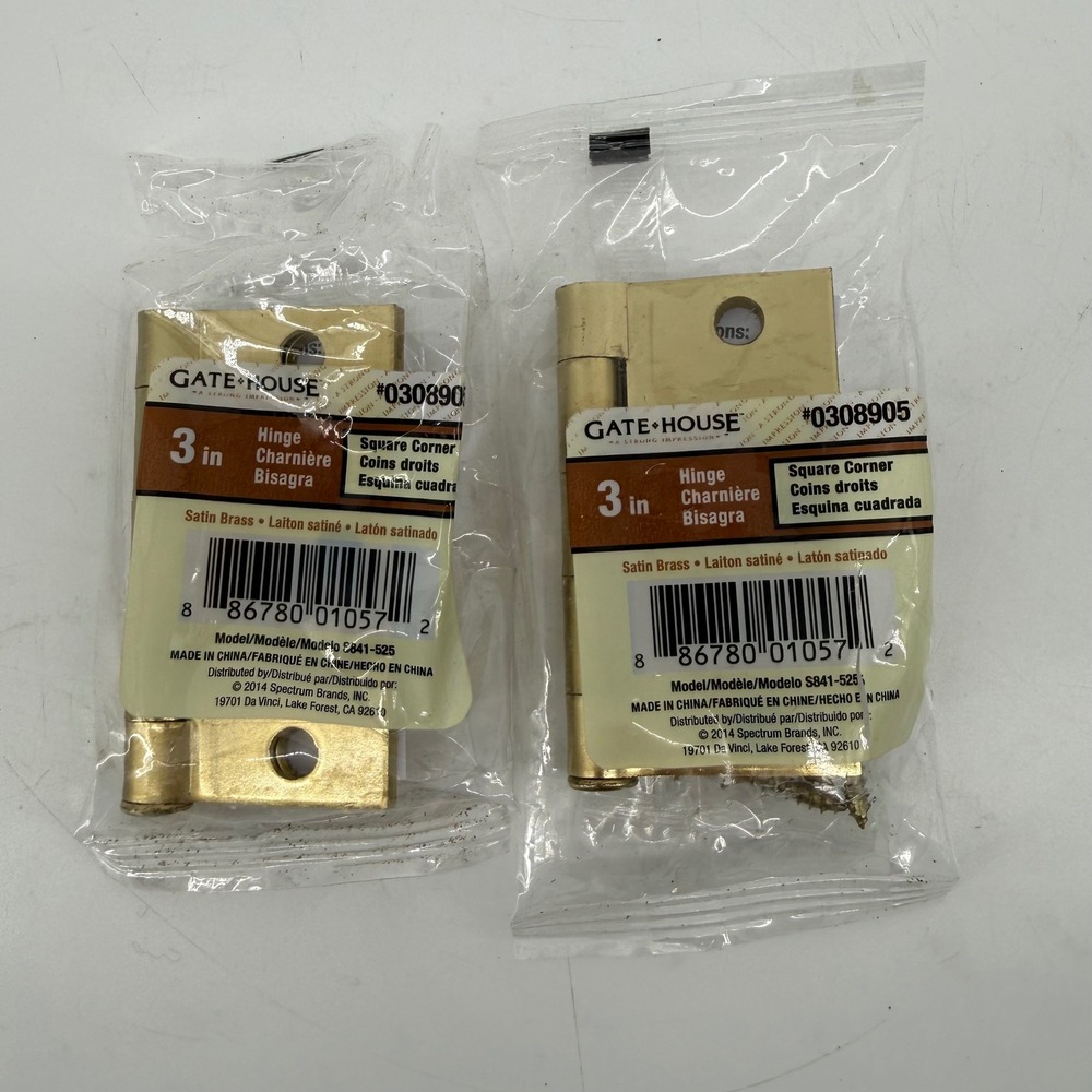 Gatehouse 3 in Square Corner Door Hinges Satin Brass 2 Pack S841-525 0308905 NEW